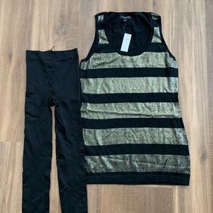 Banana Republic black/gold striped top, M - new, and pair of black tights
